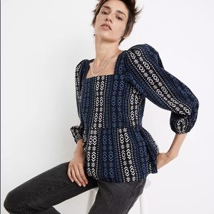 🔹Madewell Lightspun Millbrook Puff-Sleeve Peplum Top in Geo Print 🔹